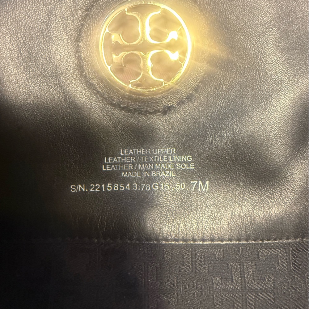 Tory Burch Junction Black Pebbled Leather Tall Riding Boots Gold Logo Size 7 - Picture 13 of 13